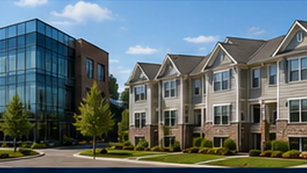 Townhouse community beside a commercial building