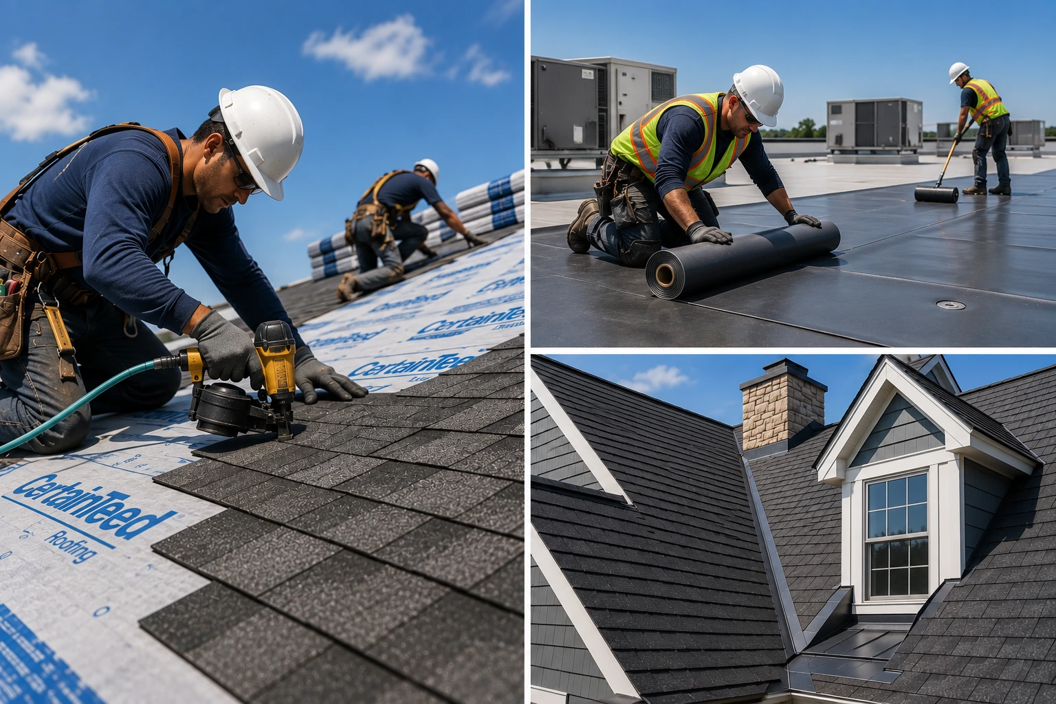 contractor installing shingled roof and low slope roof membrane