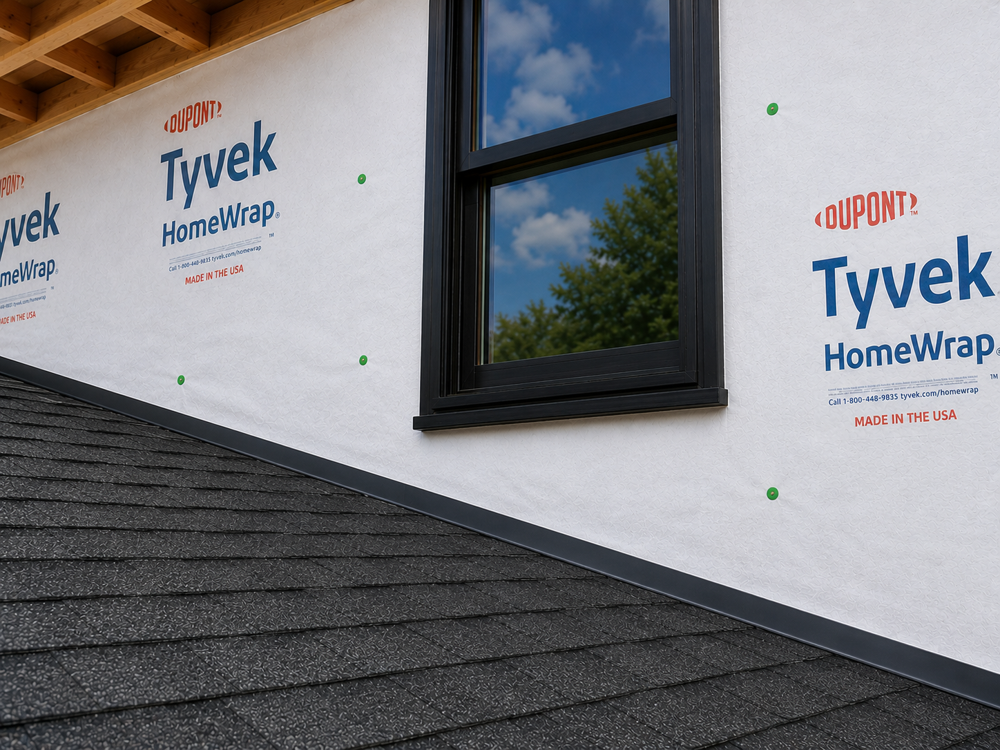 Water-resistive barrier and window flashing at a roof-to-wall construction detail