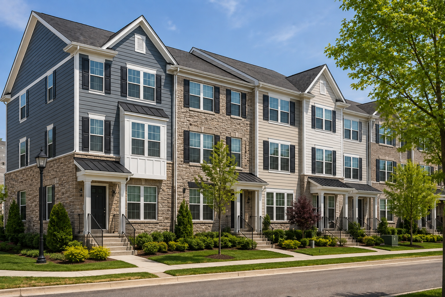 Townhome community with asphalt-shingle roofing, siding, stone veneer and exterior trim