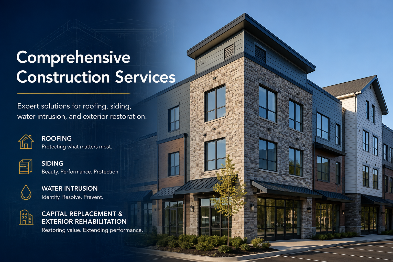 Three-story mixed-use building with stone veneer, siding, steep-slope roofing and low-slope roofing