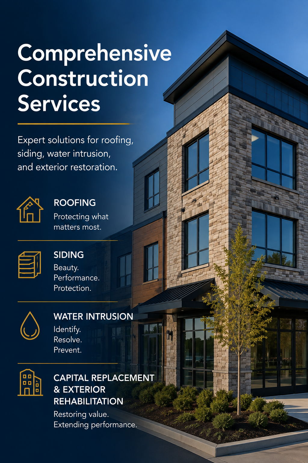 Three-story mixed-use building with stone veneer, siding, steep-slope roofing and low-slope roofing