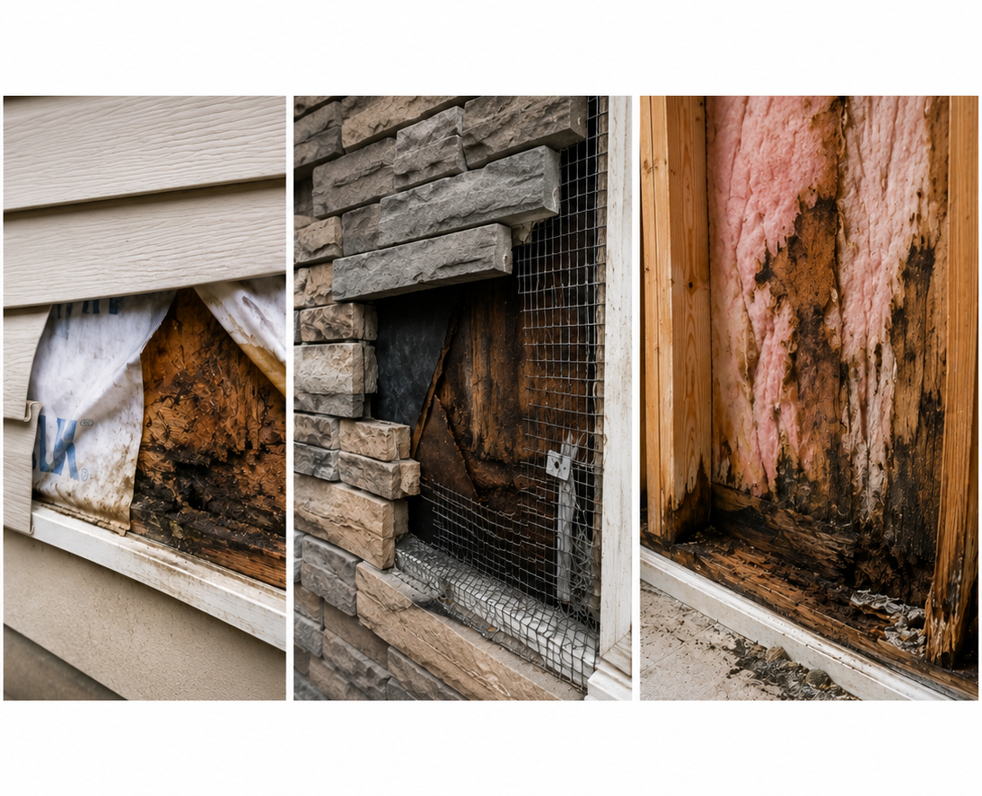 Water-intrusion damage behind vinyl siding and stone veneer with moisture-damaged wall framing