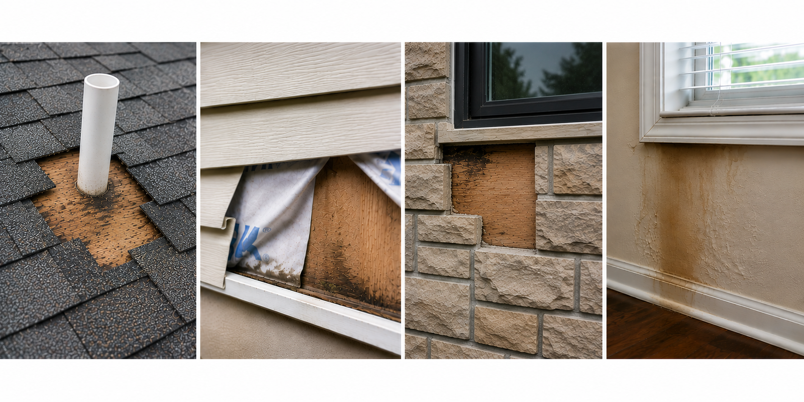 Water-intrusion damage at roofing, vinyl siding and stone-veneer exterior assemblies