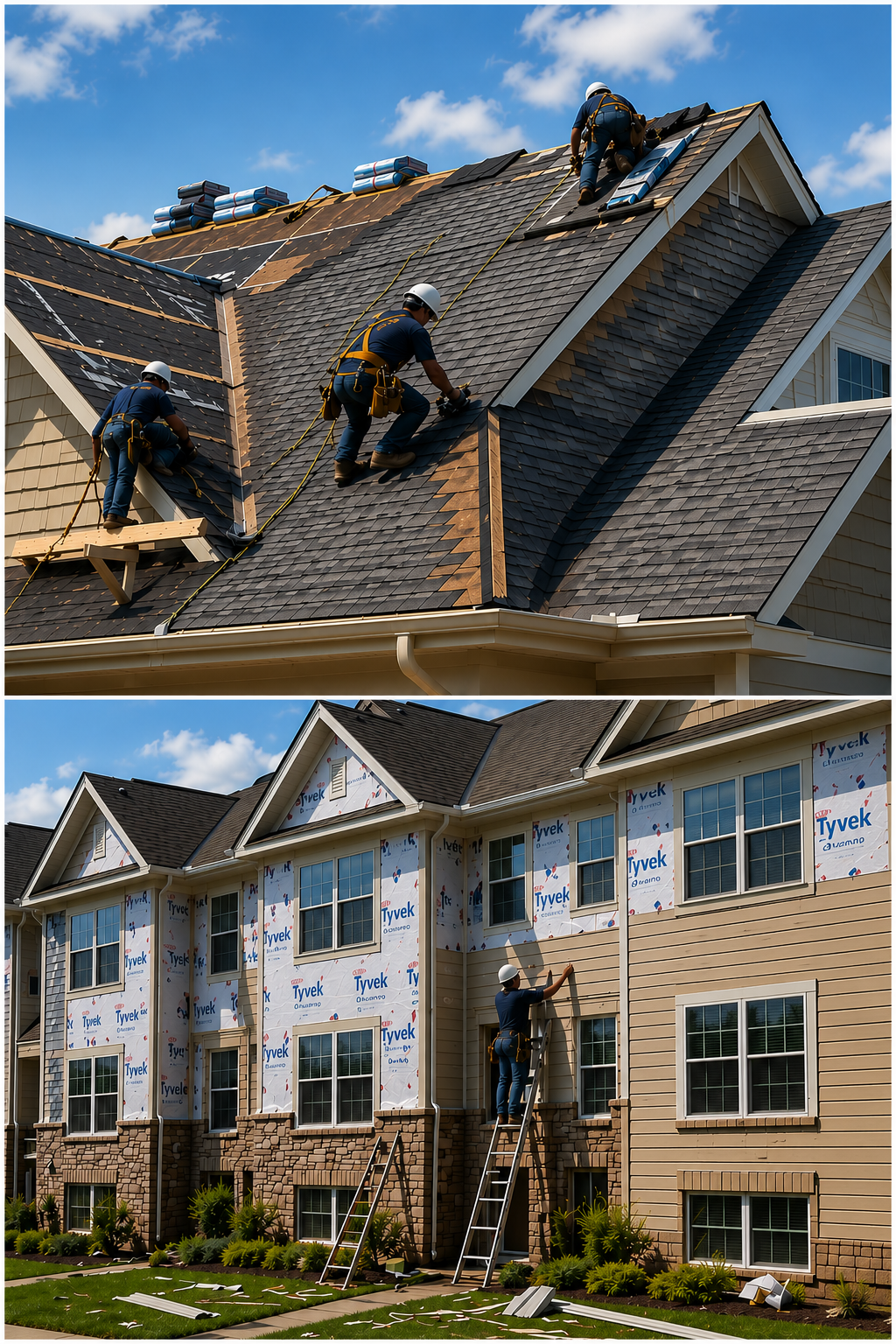 Roof and exterior replacement work including low-slope roofing, asphalt shingles, siding and stone veneer