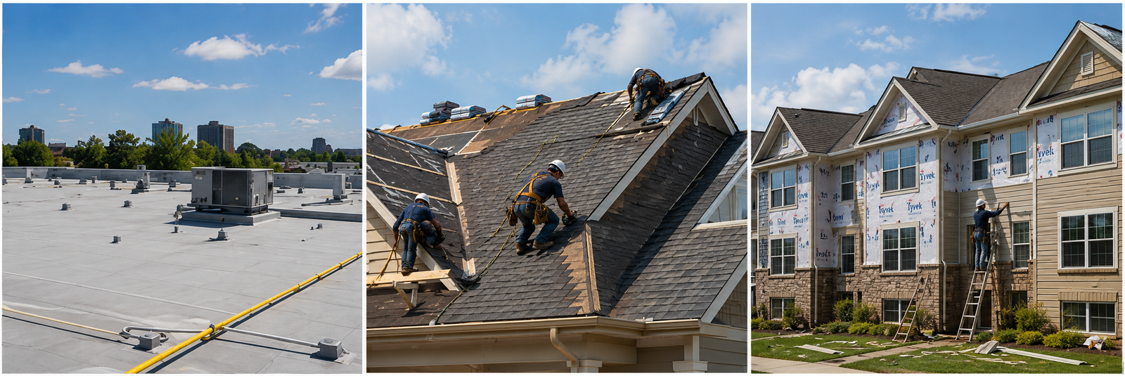 Roof and exterior replacement work including low-slope roofing, asphalt shingles, siding and stone veneer