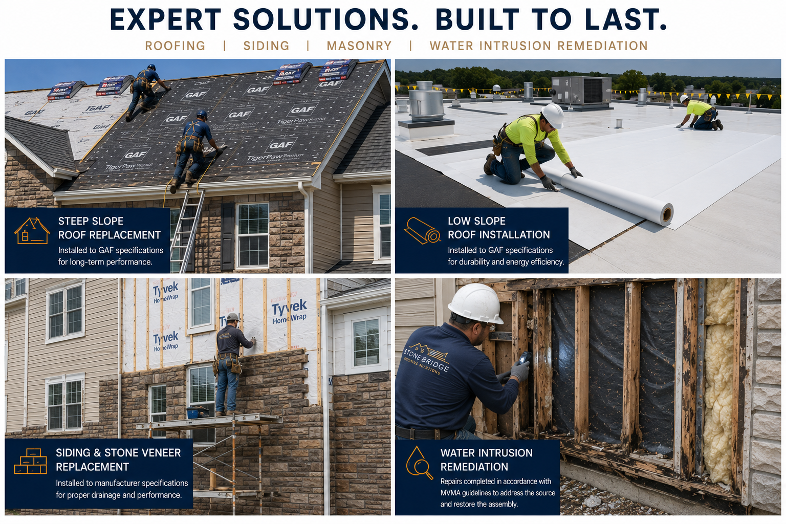 Roofing, siding, stone-veneer and water-intrusion remediation construction services
