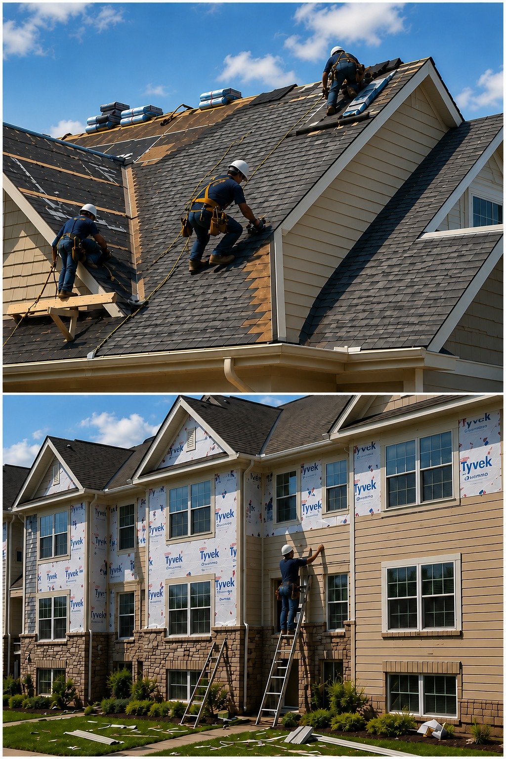 Roof and exterior replacement work including low-slope roofing, asphalt shingles, siding and stone veneer