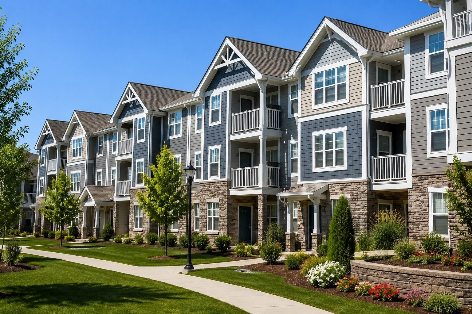 Residential community with multi-story townhomes illustrating capital replacement and exterior rehabilitation services