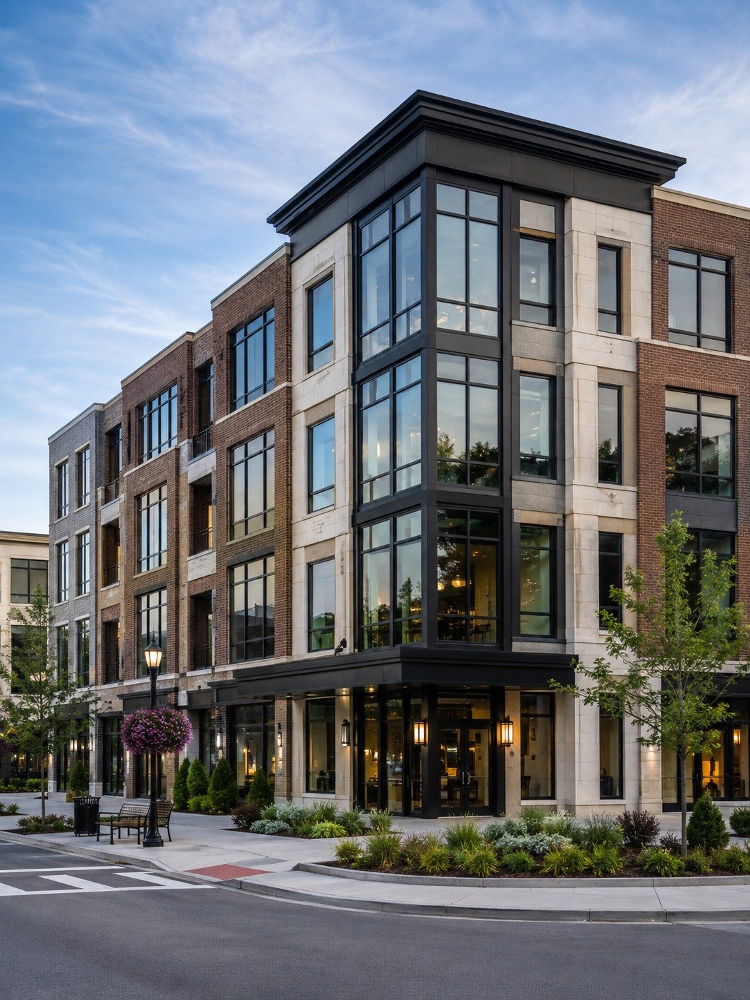 Modern mixed-use commercial building with brick, stone, large windows and landscaped streetscape