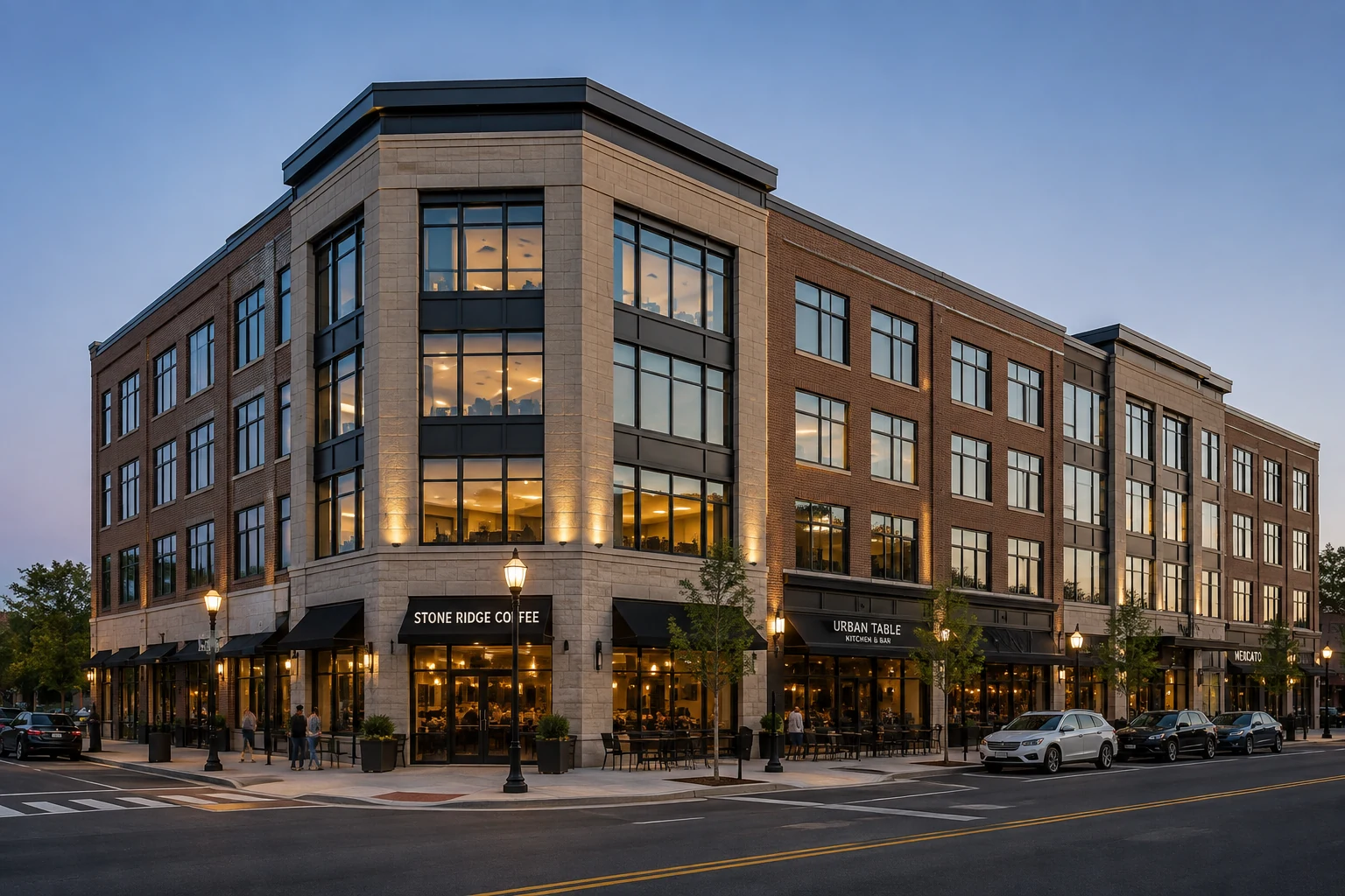 Four-story mixed-use commercial building with retail and office space