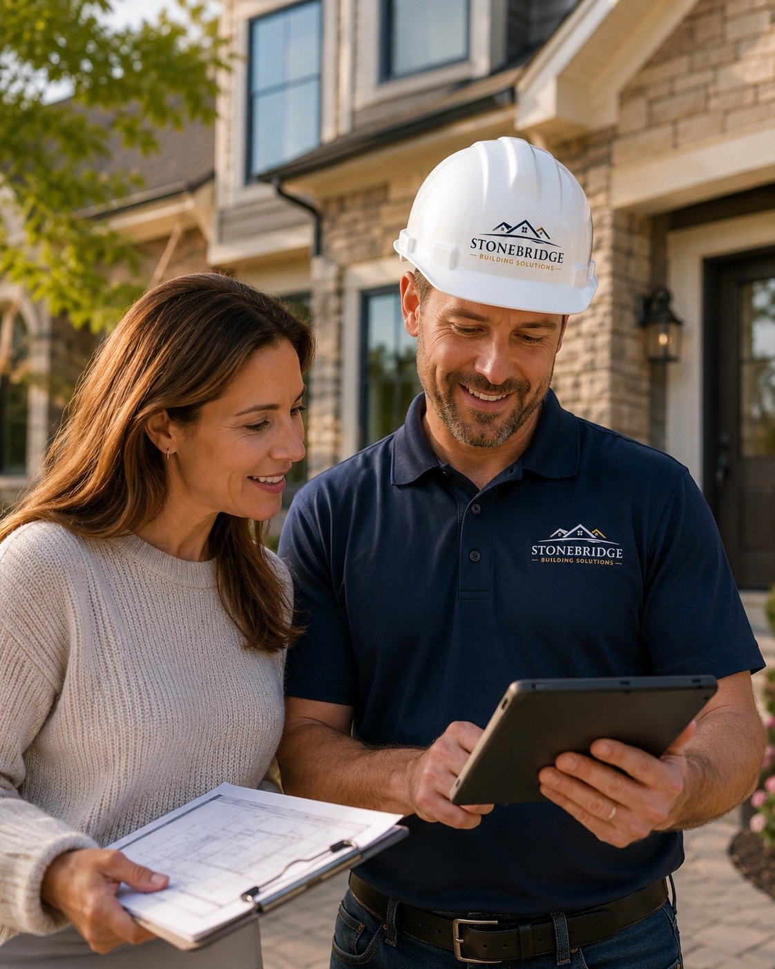Stonebridge construction professional reviewing project plans with a homeowner