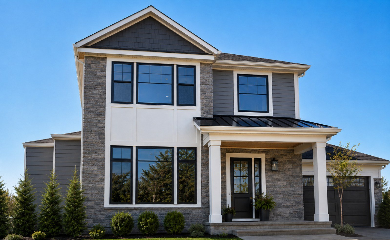Completed residential exterior with stone veneer, siding, roofing, windows, and architectural trim