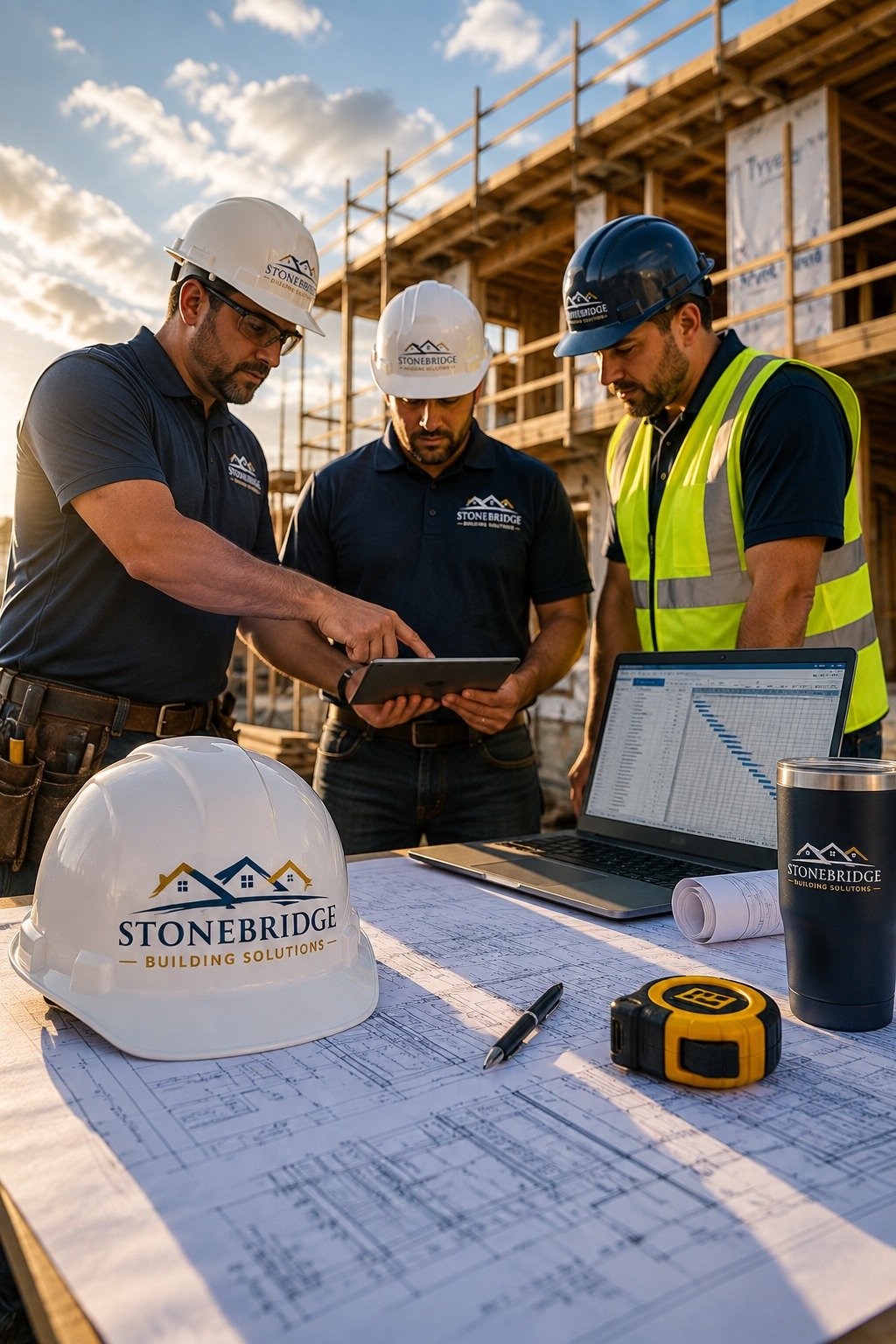 Construction team reviewing project plans and schedule at an active building site