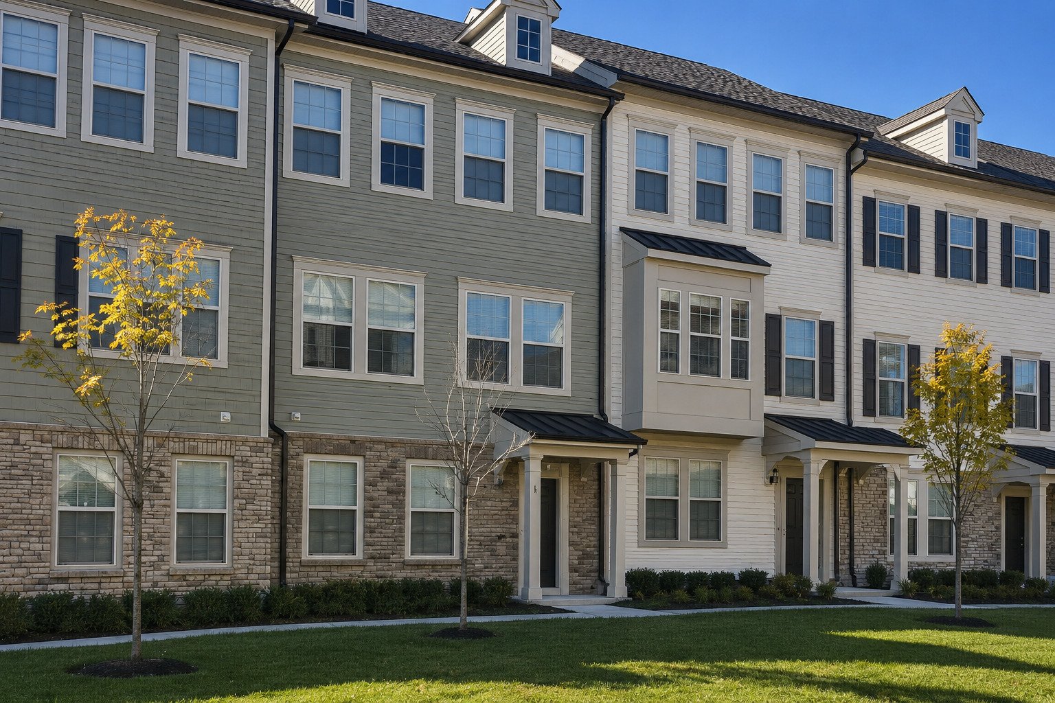Multi-story townhome building with siding, masonry veneer and asphalt shingle roofing