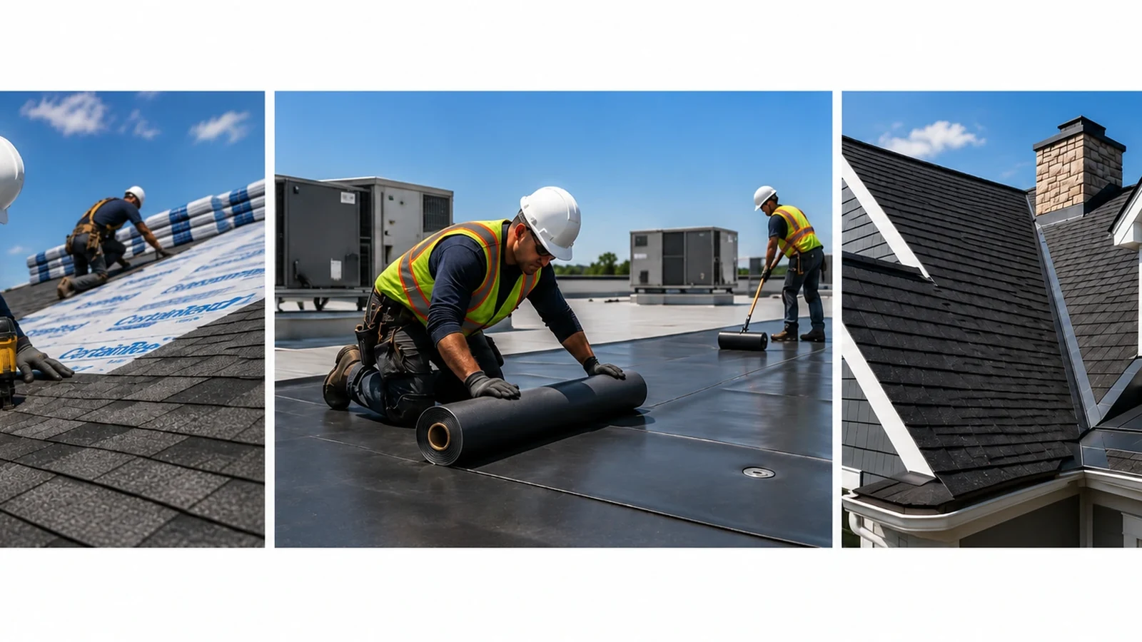 Steep-slope shingle installation, low-slope membrane roofing and completed asphalt-shingle roofing