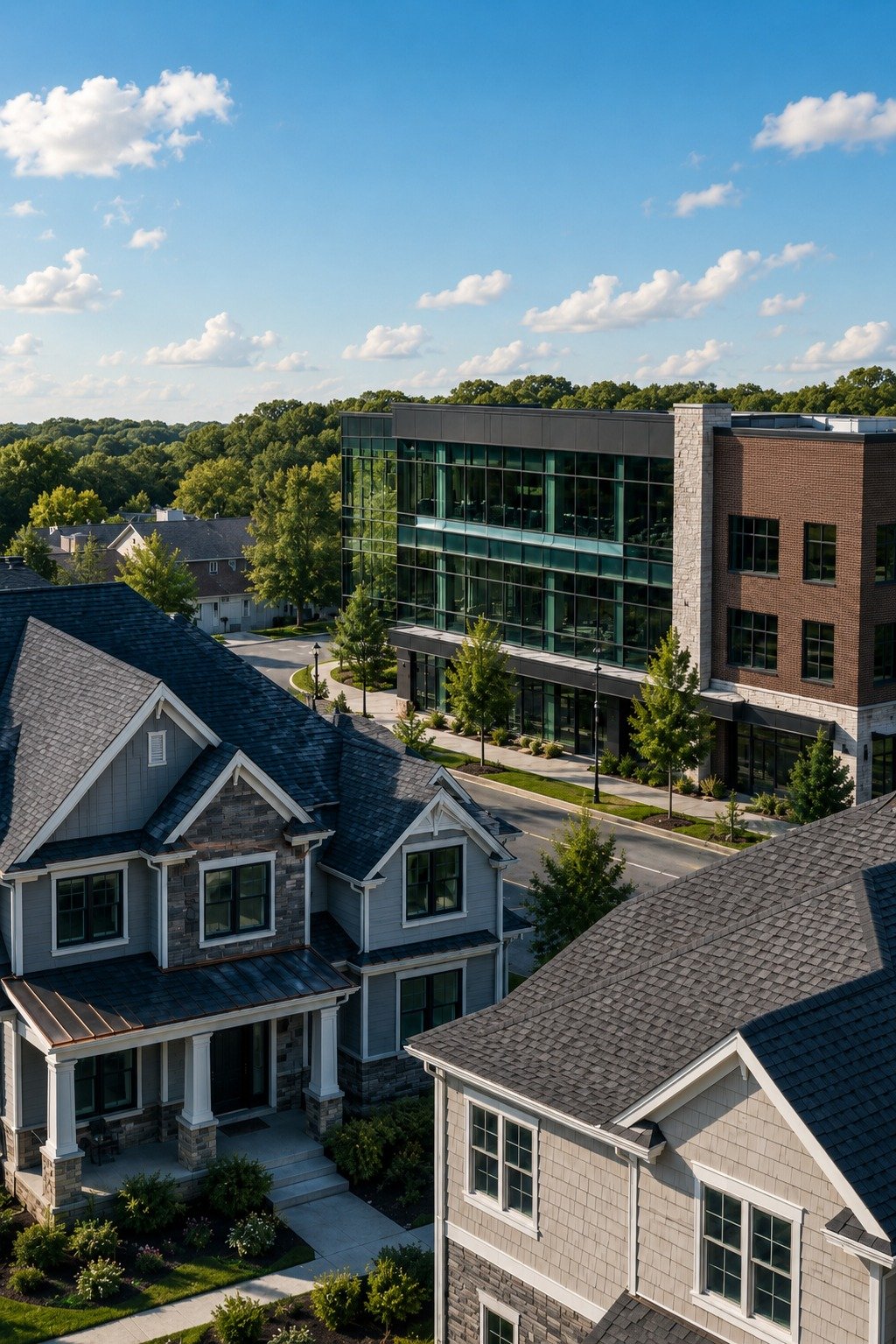Residential homes and a commercial building in a suburban Northeast service area
