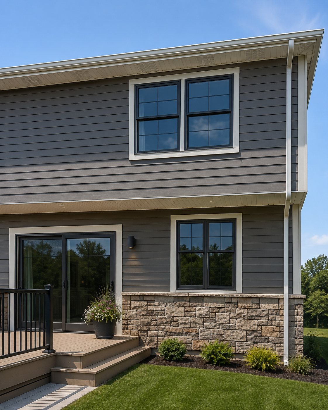 “Residential exterior with siding, stone veneer, windows, trim and elevated deck”